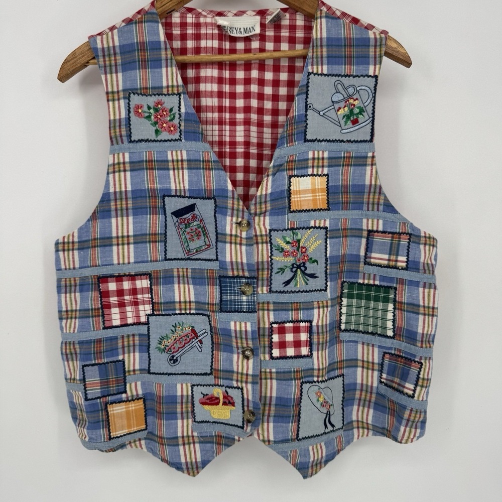 VTG Casey‎ & Max Patchwork Embroidered Vest Madras Plaid Gingham Cottagecore L